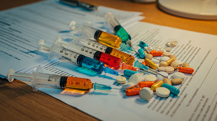 Шприцы с препаратом лежат на столе с документами